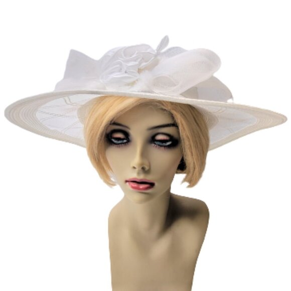 Accessories - White Satin Ribbon Bows Rosettes Large Wide Brim Hat One Size Fits All